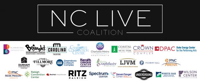 The NC Live Coalition logo in black and white with the venue logos for all participating organizations