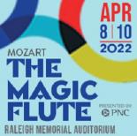 an image with a blue background that has the words Mozart The Magic Flute Raleigh Memorial Auditorium Apr 8-10-2022