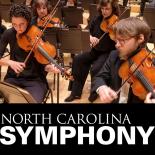 Picture of four symphony members' wearing black clothes, reading music,  and playing their string instruments. Bold text on the bottom reads North Carolina Symphony. 