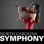 Chee-Yun playing the violin wearing a red dress.  Text at the bottom reads North Carolina Symphony