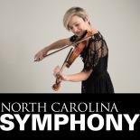 Woman in a black dress standing and playing the violin. Bold text below reads North Carolina Symphony.