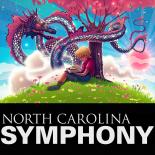  colorful fairy-tale dragon wrapped around a pink tree watching a small boy read a book. Text Reads: North Carolina Symphony 