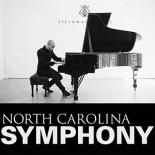 Black and white photo of Aaron Diehl playing piano in a bright open room. Text Reads: North Carolina Symphony