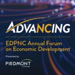 an image with a dark blue and purple swirl background the words Advancing are in the center in white and yellow text below that are the words EDPNC Annual Forum on Economic Development