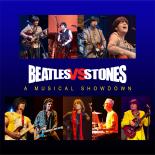an image with a blue background the text Beatles vs stones a musical showdown is in the center above and below the text are images of performers