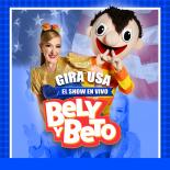 an image showing a girl in the top left and a puppet in the top right an american flag is shown faintly in the background the words gira usa el show en vivo bey y beto is in the center of the image