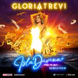 an image with a dark background over the ocean showing Gloria Trevi in the center with a burst of orange behind her. The words Gloria Trevi Isla Divina ven a mi world tour are on the image