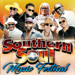 an image with a yellow background showing 8 performers below them are the words Southern Soul Music Festival in large red letters
