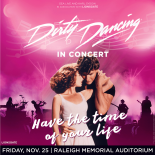 an image with a pink background the words Dirty Dancing in concert are at the top in white below that Patrick Swazee and Jennifer Grey are shown and text across them says Have the time of your life