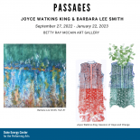 an image for Passages Art Gallery two pieces of artwork are shown on the image which contain blue, green and red colors