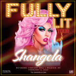 an image with a starry background performer Shangela is shown in the center their hair is pink and they are holding their left hand up which has a blue glove on it the text fully lit tour is at the top of the image in gold letters and below that the text Shangela Meymandi concert hall Raleigh, North Carolina November 1 is shown in white