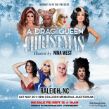 artwork for a draw queen Christmas the background is a light blue snow scene and 8 performers are shown in the center