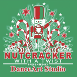 an image with a green background showing a nutcracker surrounded by candy