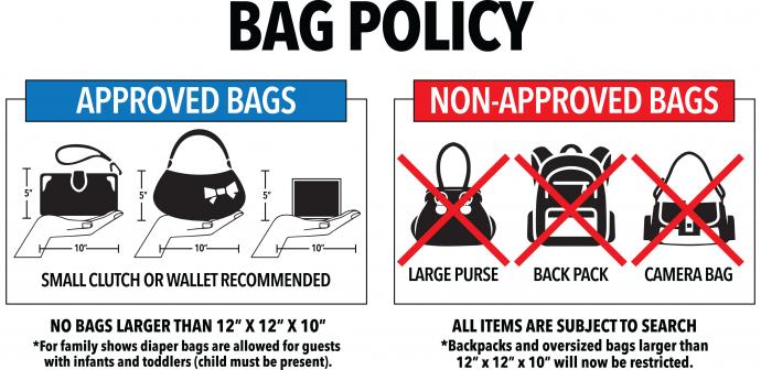 Graphic showing bag policy allowed and not allowed bags