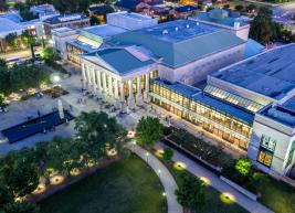 An aerial view of Raleigh Memorial Auditorium, Meymandi Concert Hall, A.J. Fletcher Opera Theater and the Lichtin Plaza.