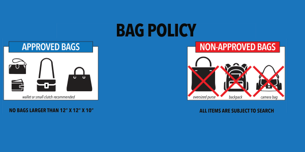 an image of our bag policy with icons of acceptable and not acceptable bags