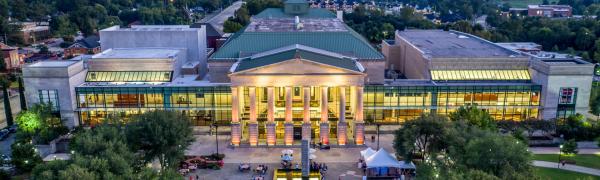 An aerial view of the front of the Duke Energy Center for the Performing Arts